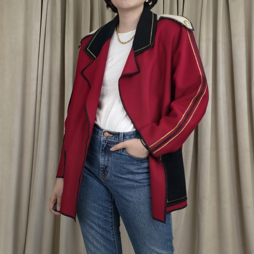 Vintage Handmade Red and Black Colorblock Wool Jacket Blazer with Gold Accents